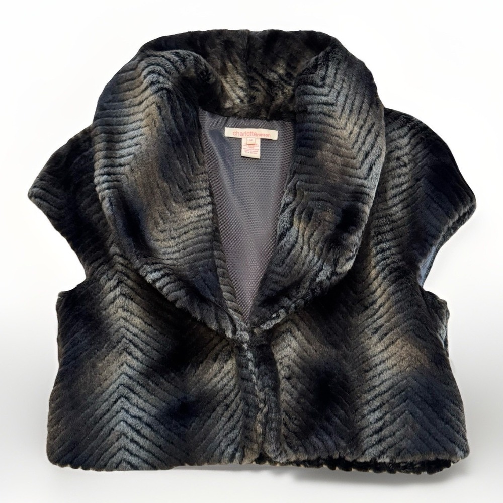 Charlotte Ronson Vtg Faux Fur Cardigan‎ Shaw Cap Sleeve Medium Mob Wife Y2K Glam